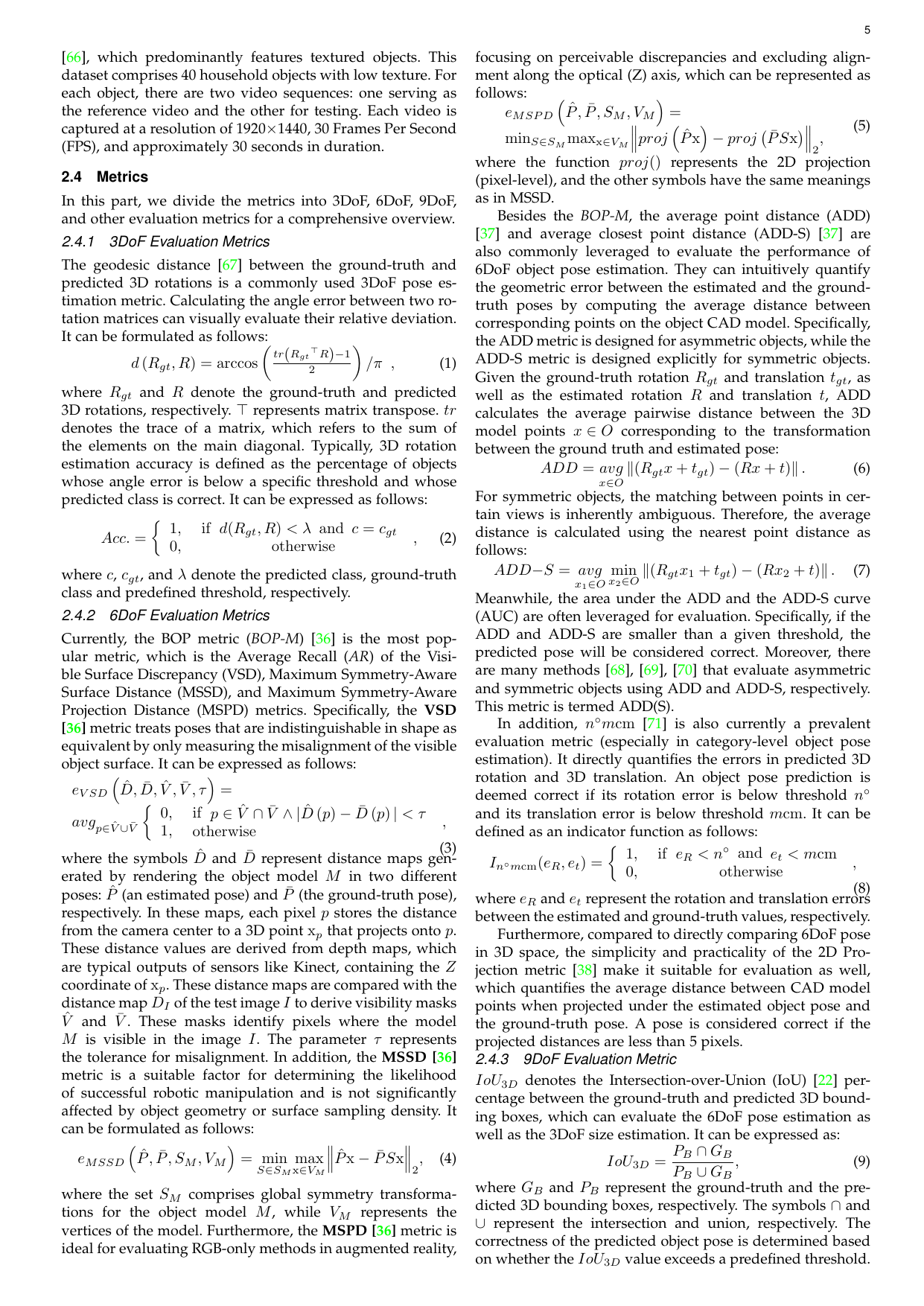 Survey page 5: formulas for 3DoF, 6DoF, and 9DoF evaluation metrics