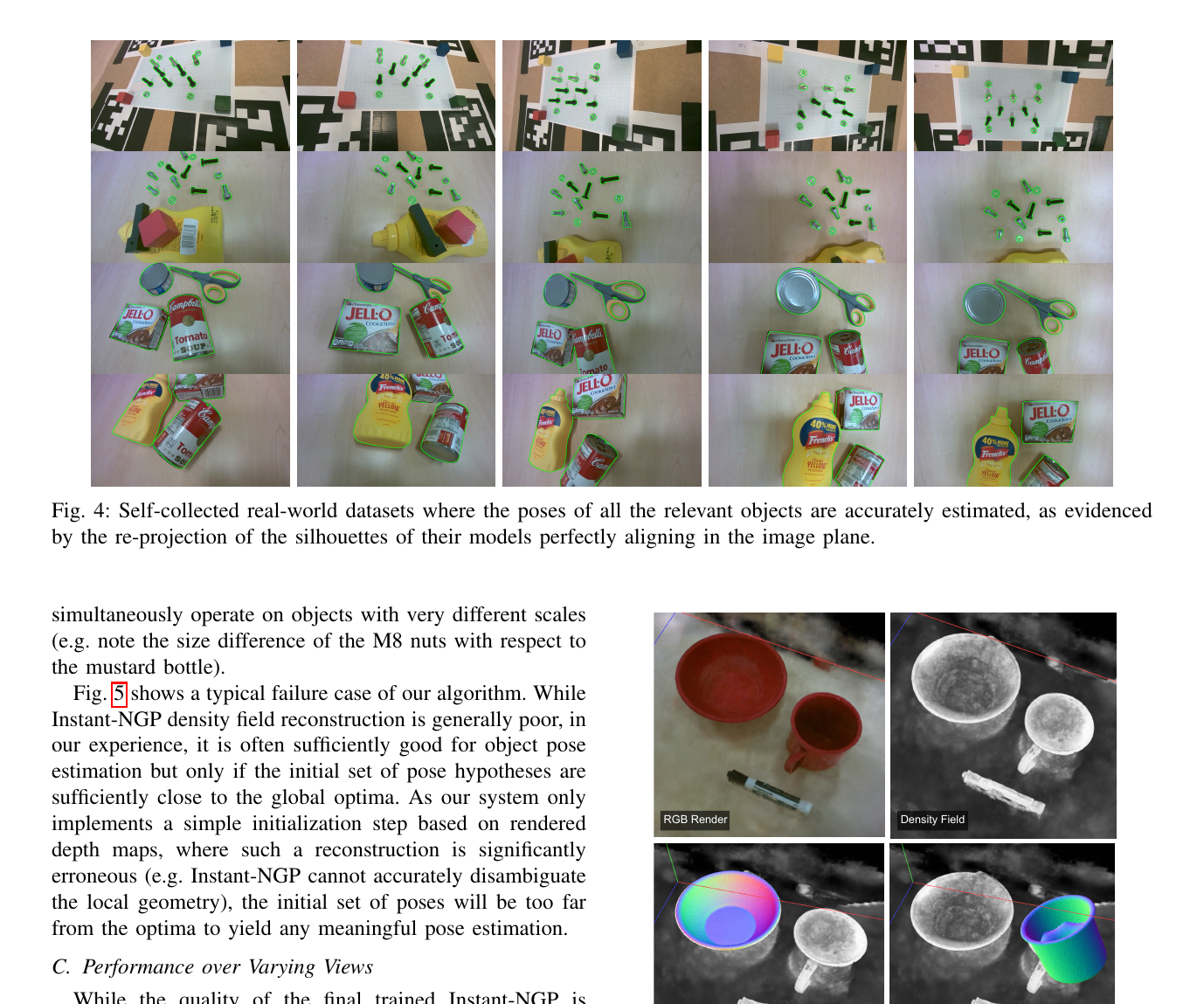 Fit-NGP real results, failure examples, and reconstructions across view counts