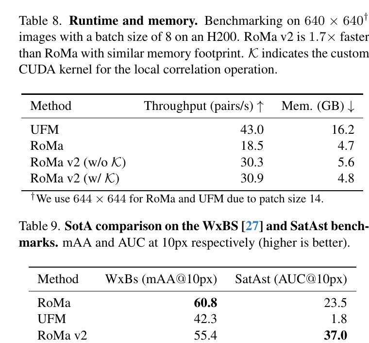 RoMa v2 Tables 8 and 9: runtime and multimodal matching