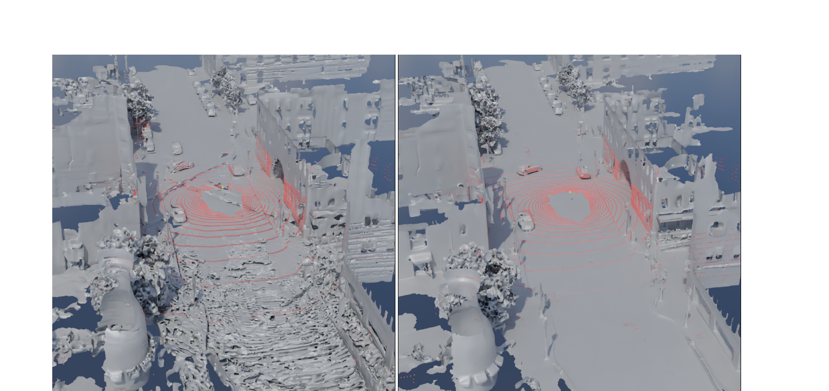 SMORE Figure 1：动态 LiDAR 场景的全局表面重建